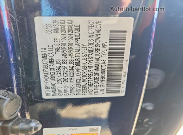 5FNYF6H35NB073148 2022 HONDA PILOT Blue Widok naklejki z numerem VIN