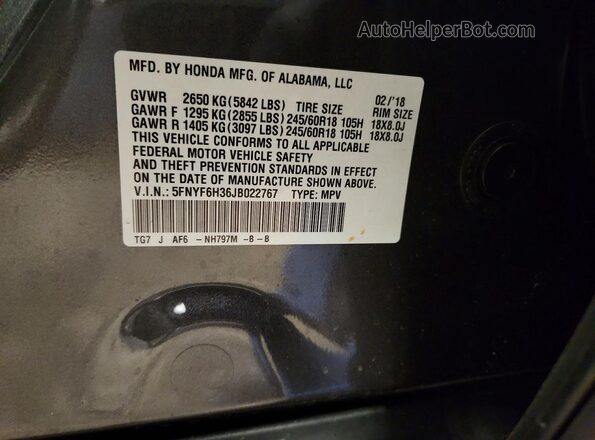 5FNYF6H36JB022767 2018 HONDA PILOT Угольный Вид наклейки с VIN-кодом