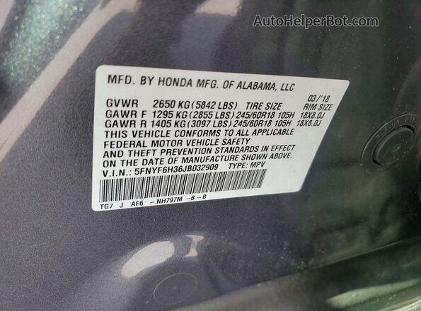 5FNYF6H36JB032909 2018 HONDA PILOT Gray VIN sticker view