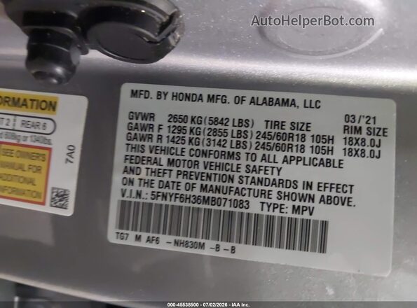 5FNYF6H36MB071083 2021 HONDA PILOT Серебряный Вид подкапотного пространства