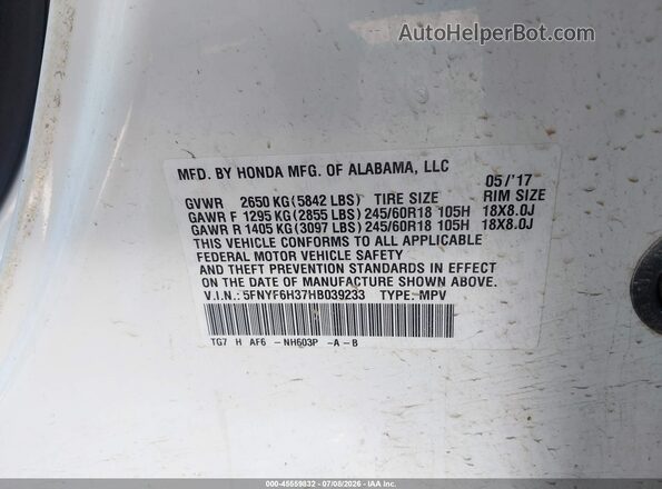 5FNYF6H37HB039233 2017 HONDA PILOT White Вид підкапотного простору