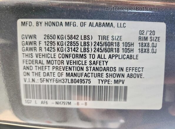 5FNYF6H37LB049575 2020 HONDA PILOT Gray Вид наклейки з VIN-кодом
