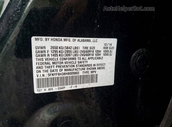 5FNYF6H38HB009903 2017 HONDA PILOT Green Widok naklejki z numerem VIN