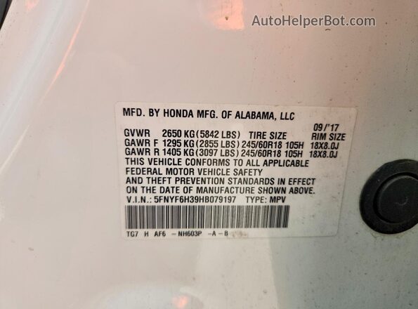 5FNYF6H39HB079197 2017 HONDA PILOT White Widok naklejki z numerem VIN