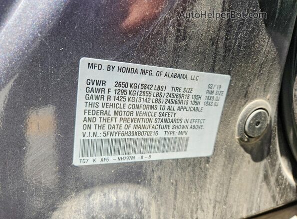 5FNYF6H39KB070216 2019 HONDA PILOT Угольный Вид наклейки с VIN-кодом