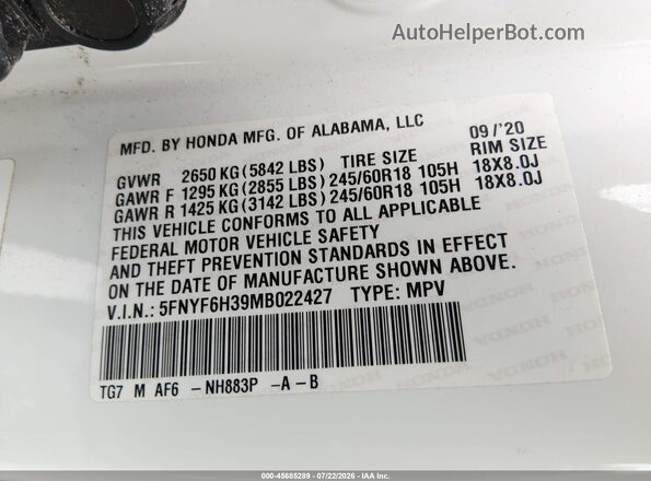5FNYF6H39MB022427 2021 HONDA PILOT White Engine compartment view
