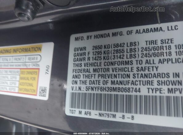 5FNYF6H39MB068744 2021 HONDA PILOT Gray Engine compartment view
