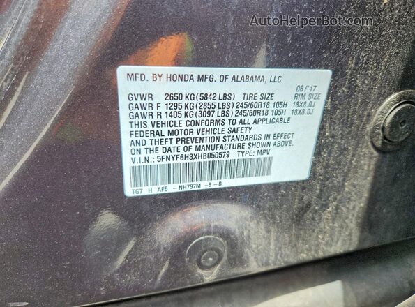 5FNYF6H3XHB050579 2017 HONDA PILOT Gray VIN კოდის სტიკერის ხედი