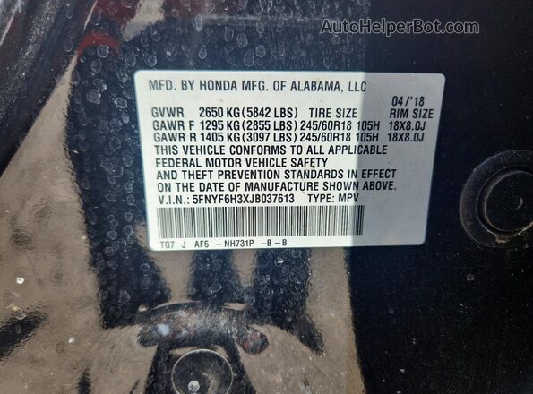 5FNYF6H3XJB037613 2018 HONDA PILOT Black Vista de la etiqueta del VIN