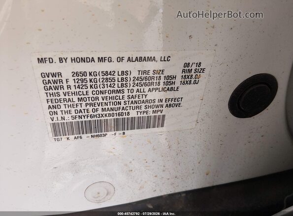 5FNYF6H3XKB016018 2019 HONDA PILOT White Շարժիչի բաժամունքի տեսք