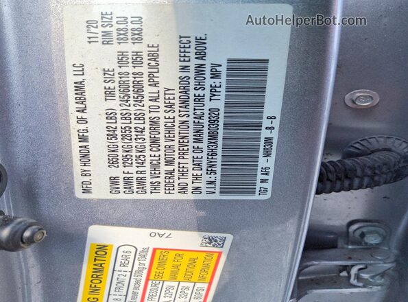 5FNYF6H3XMB039320 2021 HONDA PILOT Silver Vista de la etiqueta del VIN