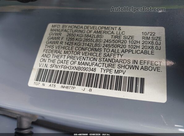 5FNYF6H3XNB090348 2022 HONDA PILOT Silver Вид підкапотного простору