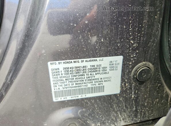 5FNYF6H49HB071142 2017 HONDA PILOT Gray Панорамний вид салону 360°