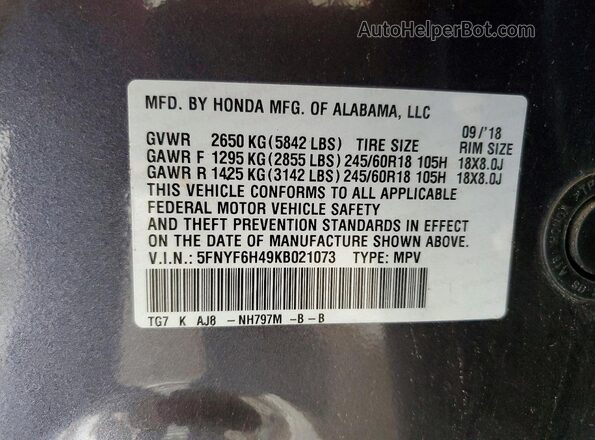 5FNYF6H49KB021073 2019 HONDA PILOT Gray Вид наклейки з VIN-кодом