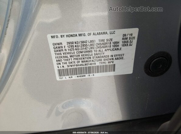 5FNYF6H4XLB014019 2020 HONDA PILOT Silver Engine compartment view