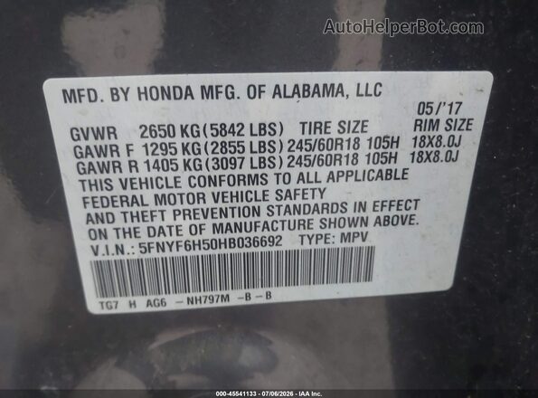 5FNYF6H50HB036692 2017 HONDA PILOT Gray Вид підкапотного простору