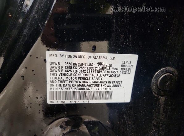 5FNYF6H50KB047876 2019 HONDA PILOT Black Widok komory silnika