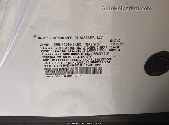 5FNYF6H50KB058036 2019 HONDA PILOT White Շարժիչի բաժամունքի տեսք