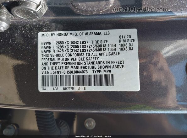5FNYF6H50LB044073 2020 HONDA PILOT Gray Вид підкапотного простору
