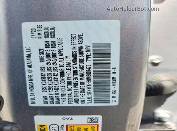 5FNYF6H50MB007476 2021 HONDA PILOT Silver VIN sticker view