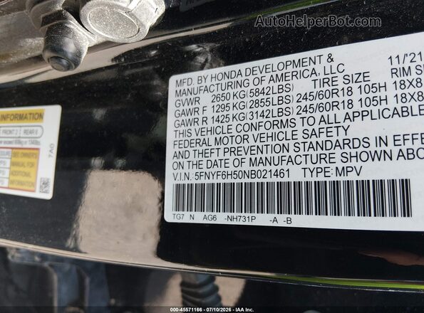 5FNYF6H50NB021461 2022 HONDA PILOT Черный Вид подкапотного пространства