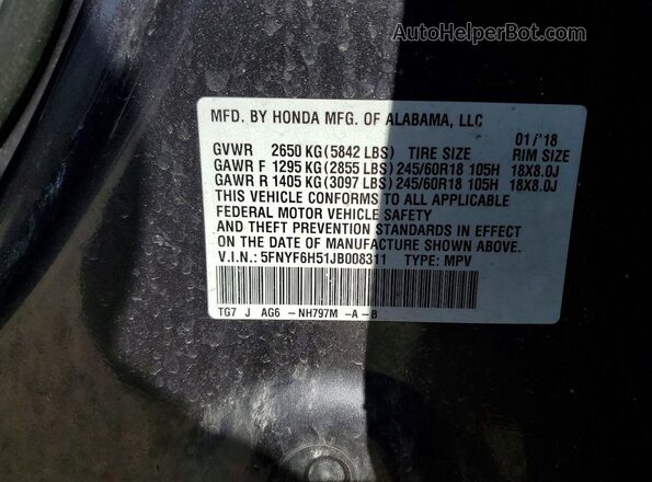 5FNYF6H51JB008311 2018 HONDA PILOT Серый Вид наклейки с VIN-кодом