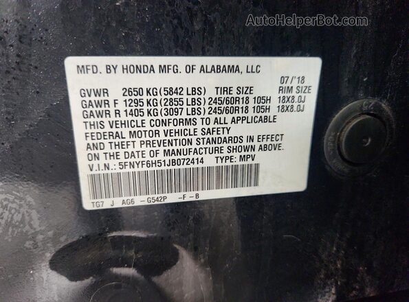 5FNYF6H51JB072414 2018 HONDA PILOT Green Widok naklejki z numerem VIN