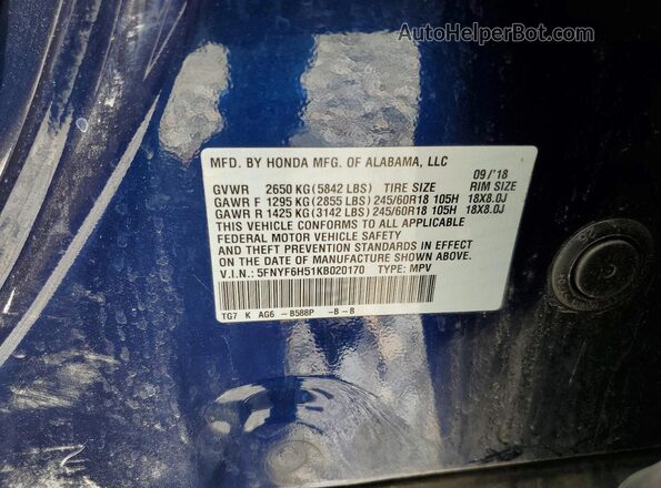 5FNYF6H51KB020170 2019 HONDA PILOT Blue Вид наклейки з VIN-кодом
