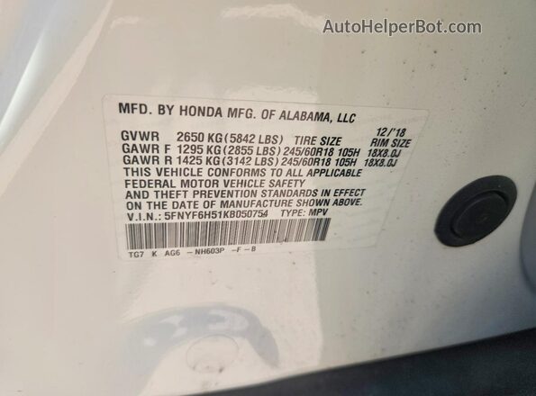 5FNYF6H51KB050754 2019 HONDA PILOT White VIN կոդի պիտակի տեսք
