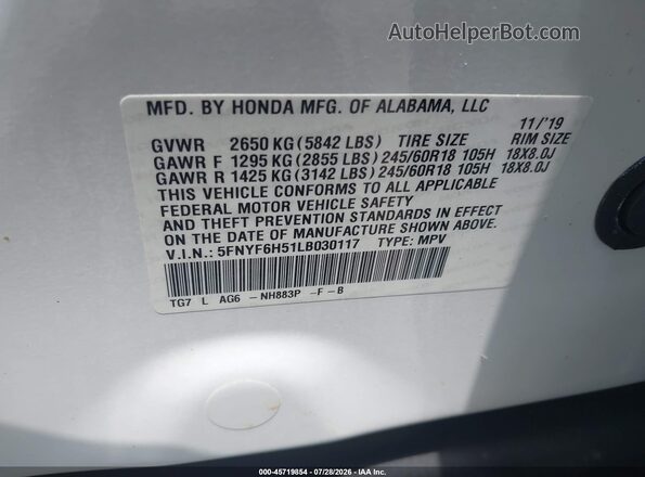 5FNYF6H51LB030117 2020 HONDA PILOT White ძრავის განყოფილების ხედი