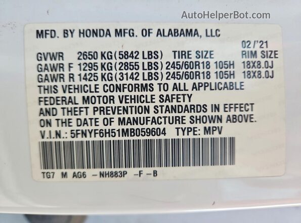 5FNYF6H51MB059604 2021 HONDA PILOT White VIN sticker view