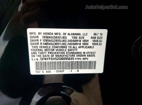 5FNYF6H52GB095645 2016 HONDA PILOT Green Vista de la etiqueta del VIN
