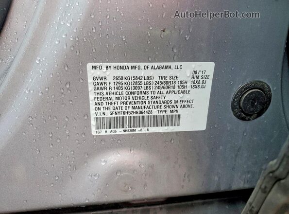 5FNYF6H52HB064428 2017 HONDA PILOT Silver VIN კოდის სტიკერის ხედი