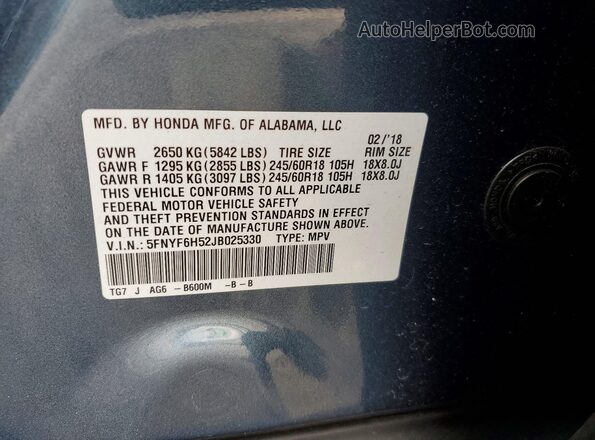 5FNYF6H52JB025330 2018 HONDA PILOT Blue Սալոնի 360 աստիճան տեսք