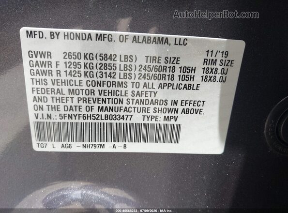 5FNYF6H52LB033477 2020 HONDA PILOT Gray Engine compartment view