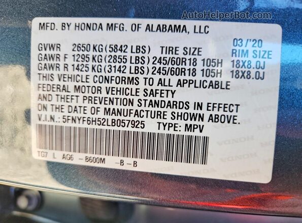 5FNYF6H52LB057925 2020 HONDA PILOT Blue VIN sticker view