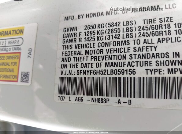 5FNYF6H52LB059156 2020 HONDA PILOT White Вид підкапотного простору