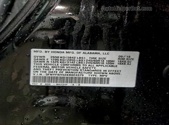 5FNYF6H53KB024379 2019 HONDA PILOT Black VIN sticker view