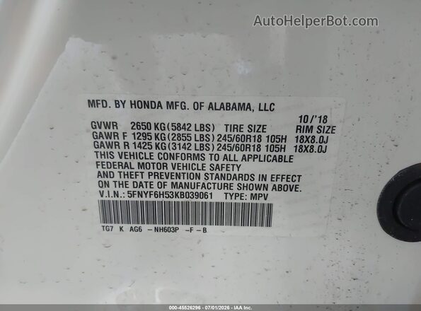 5FNYF6H53KB039061 2019 HONDA PILOT White Widok komory silnika