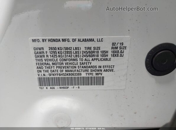 5FNYF6H53KB063389 2019 HONDA PILOT White Engine compartment view