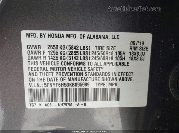 5FNYF6H53KB095999 2019 HONDA PILOT Gray Вид підкапотного простору