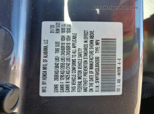 5FNYF6H53LB042690 2020 HONDA PILOT Gray Вид підкапотного простору