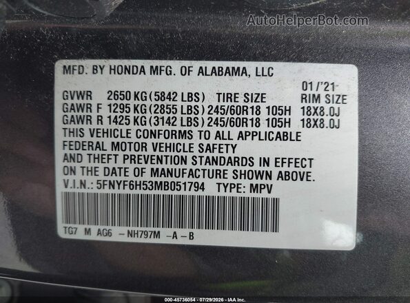 5FNYF6H53MB051794 2021 HONDA PILOT Gray Widok komory silnika
