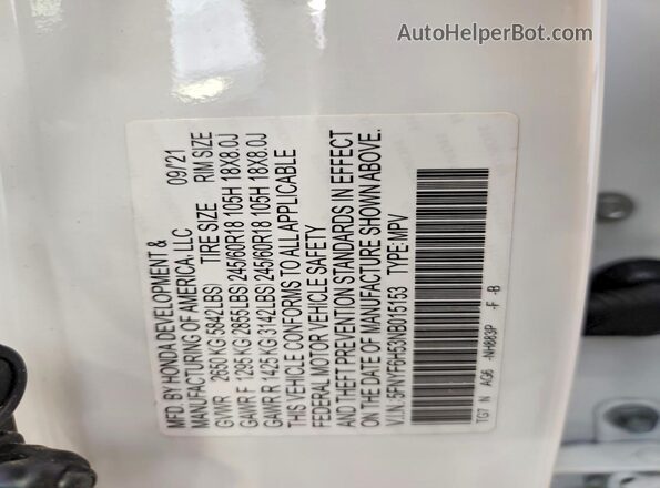 5FNYF6H53NB015153 2022 HONDA PILOT White Widok naklejki z numerem VIN