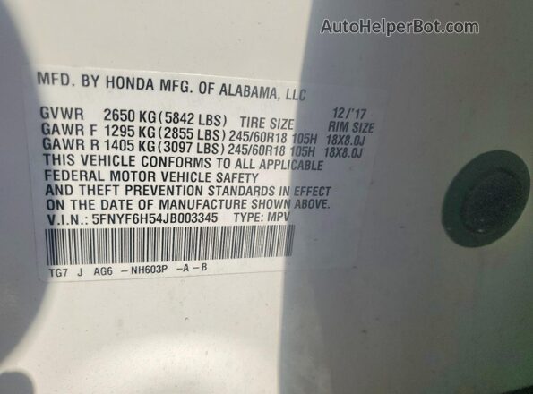 5FNYF6H54JB003345 2018 HONDA PILOT White VIN կոդի պիտակի տեսք