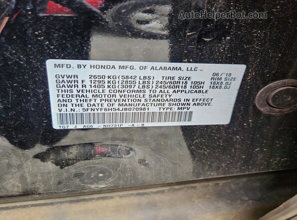 5FNYF6H54JB070981 2018 HONDA PILOT Black Widok naklejki z numerem VIN