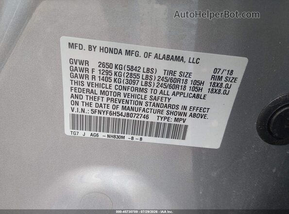 5FNYF6H54JB072746 2018 HONDA PILOT Silver Вид підкапотного простору