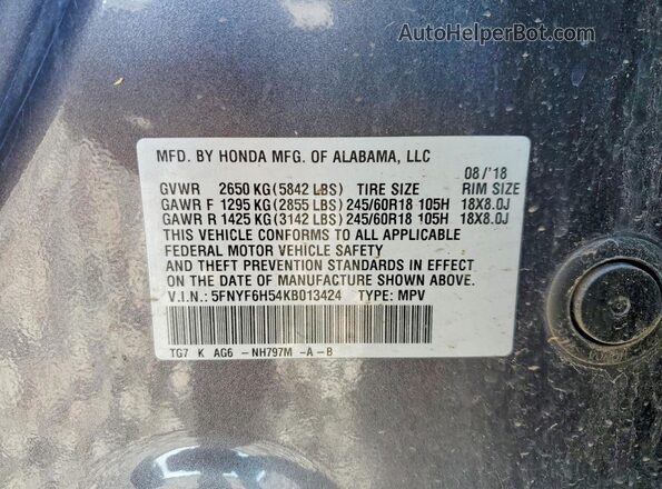 5FNYF6H54KB013424 2019 HONDA PILOT Gray Vista interior de 360 grados