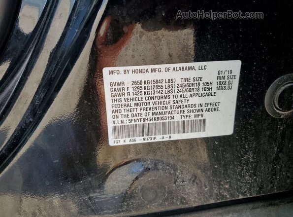 5FNYF6H54KB053194 2019 HONDA PILOT Black Vista de la etiqueta del VIN
