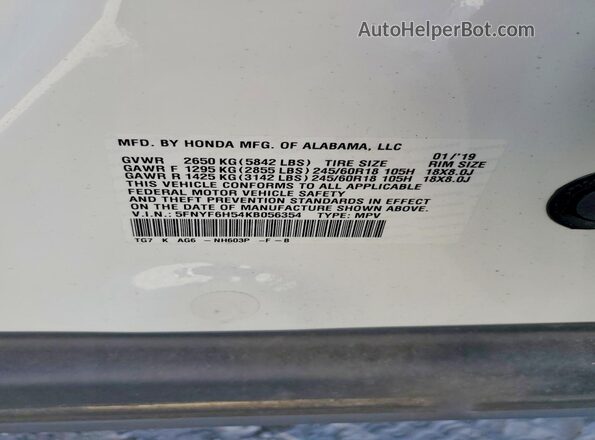 5FNYF6H54KB056354 2019 HONDA PILOT White Widok naklejki z numerem VIN